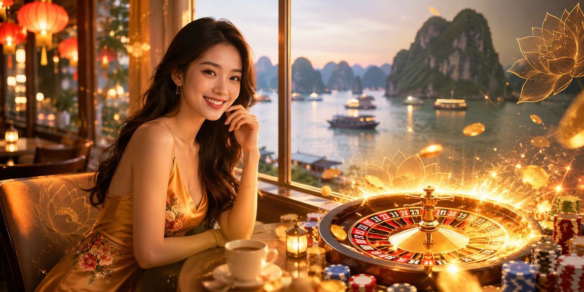 Phong cảnh vịnh Hạ Long buổi sáng với ly cà phê và thiết bị xem cược trực tuyến của người dùng Việt