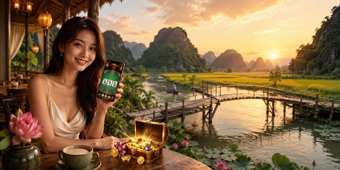 Người dùng tại Ninh Bình thư giãn với trò chơi bài trực tuyến và ly cà phê buổi sáng bên cảnh quan thiên nhiên
